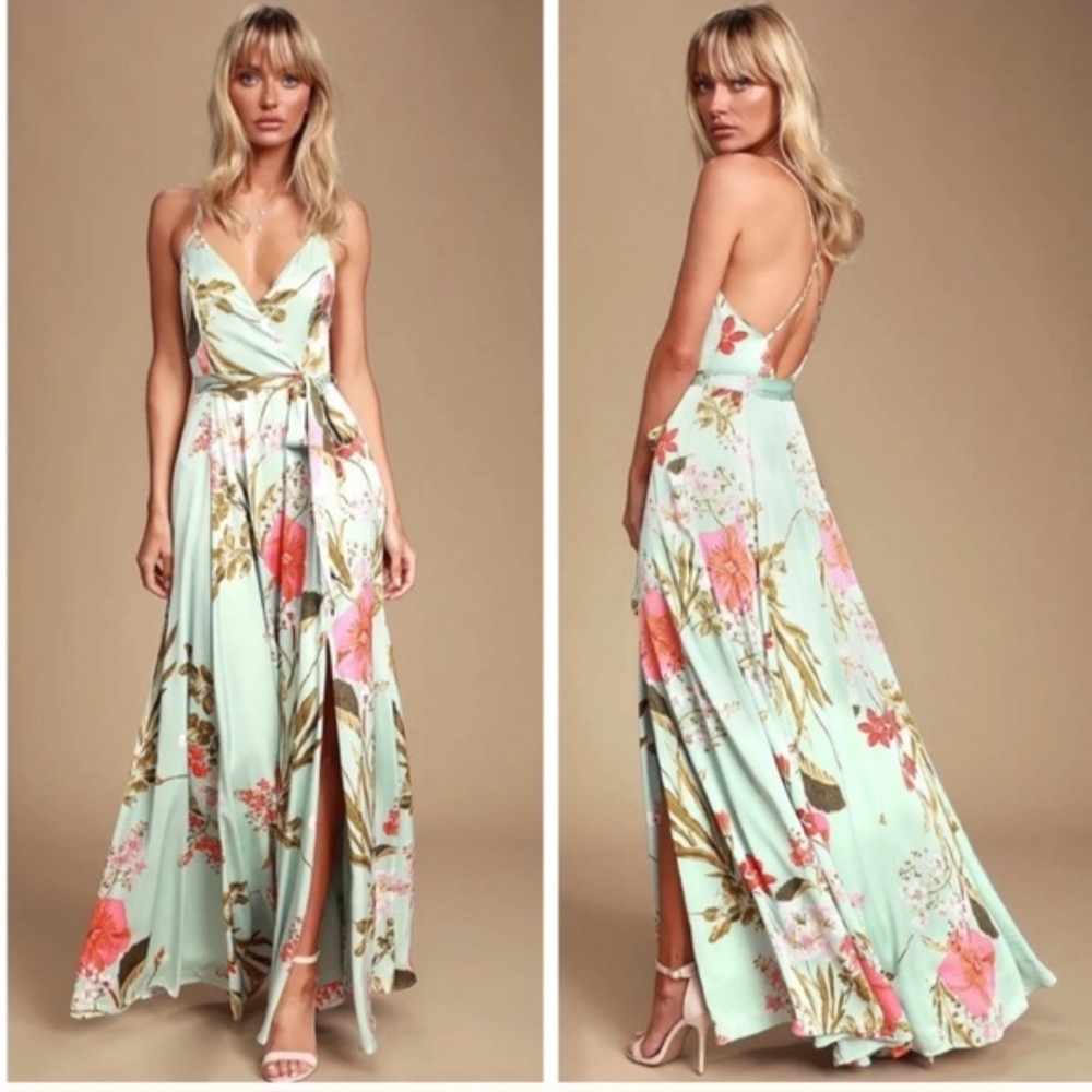 Lulus Sage Green Floral Floor Length Dress Womens Size L Tropical Wedding Guest
